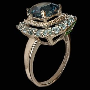 Blue Topaz diamond halo white gold ring new